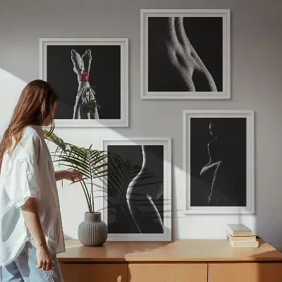 Set de cuadros modernos para salón con diseño de formas femeninas en blanco y negro