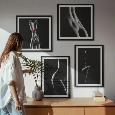 Set de cuadros modernos para salón con diseño de formas femeninas en blanco y negro