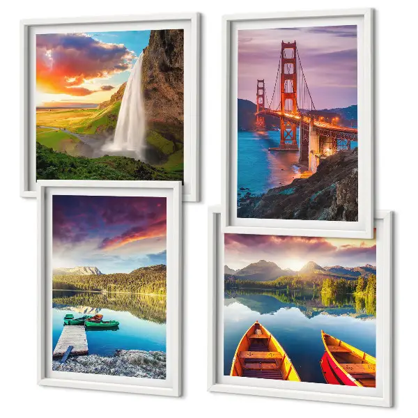 Set de 4 cuadros para salón con paisajes de lagos de montaña, barcos y puentes