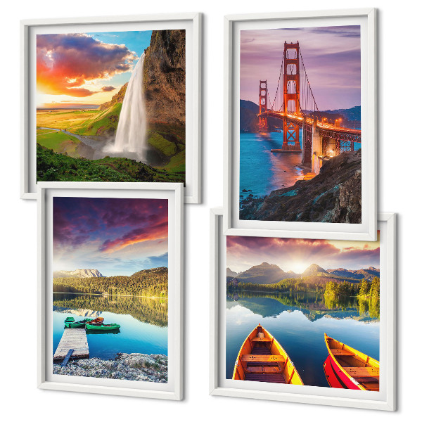 Set de 4 cuadros para salón lagos de montaña barcos puentes