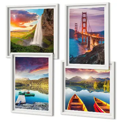 Set de 4 cuadros para salón con paisajes de lagos de montaña, barcos y puentes