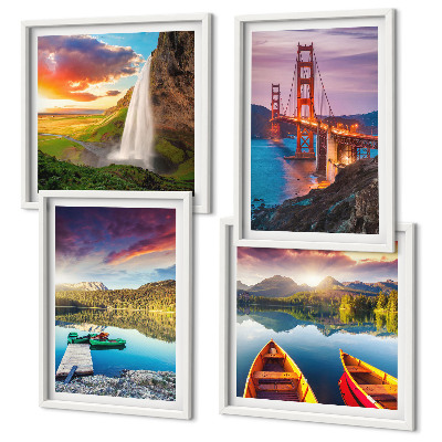 Set de 4 cuadros para salón lagos de montaña barcos puentes