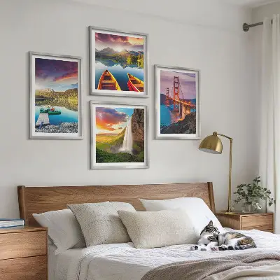 Set de 4 cuadros para salón con paisajes de lagos de montaña, barcos y puentes