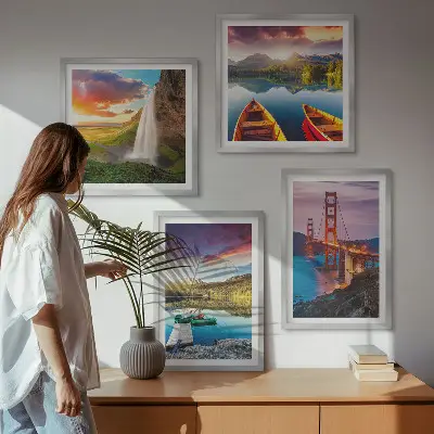 Set de 4 cuadros para salón con paisajes de lagos de montaña, barcos y puentes