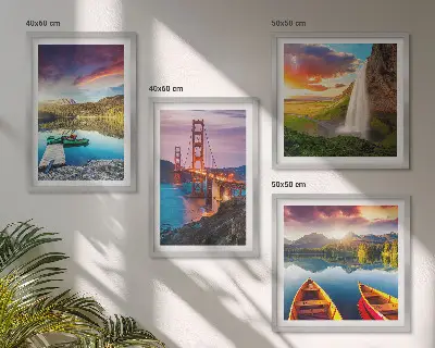 Set de 4 cuadros para salón con paisajes de lagos de montaña, barcos y puentes