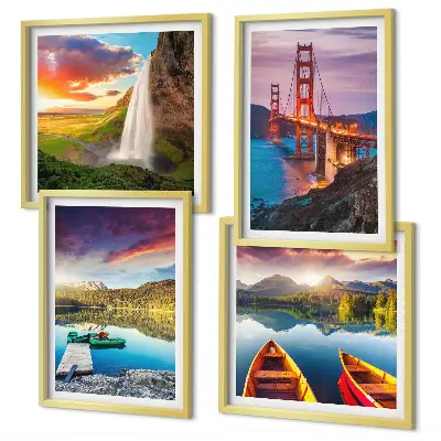Set de 4 cuadros para salón con paisajes de lagos de montaña, barcos y puentes