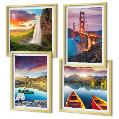 Set de 4 cuadros para salón lagos de montaña barcos puentes