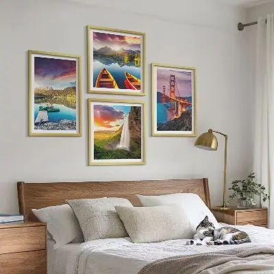 Set de 4 cuadros para salón con paisajes de lagos de montaña, barcos y puentes