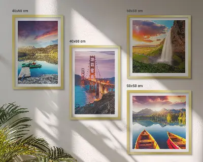 Set de 4 cuadros para salón con paisajes de lagos de montaña, barcos y puentes
