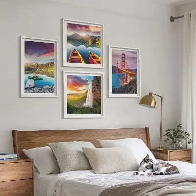 Set de 4 cuadros para salón con paisajes de lagos de montaña, barcos y puentes