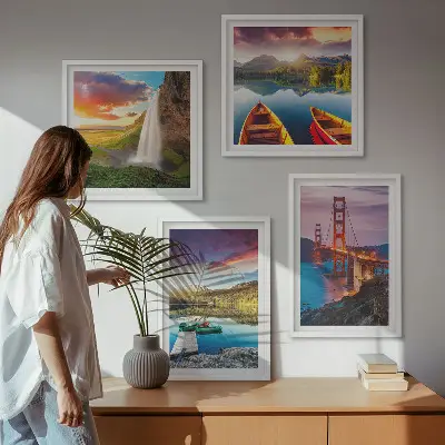 Set de 4 cuadros para salón con paisajes de lagos de montaña, barcos y puentes