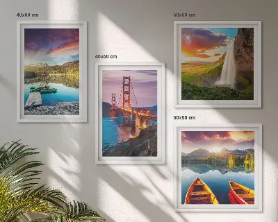 Set de 4 cuadros para salón con paisajes de lagos de montaña, barcos y puentes