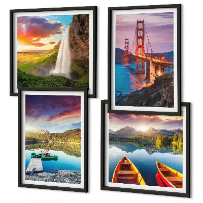 Set de 4 cuadros para salón con paisajes de lagos de montaña, barcos y puentes