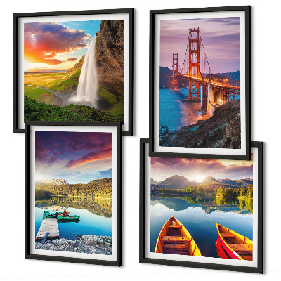 Set de 4 cuadros para salón lagos de montaña barcos puentes