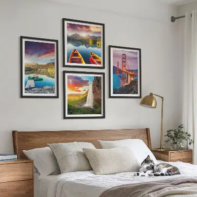 Set de 4 cuadros para salón con paisajes de lagos de montaña, barcos y puentes