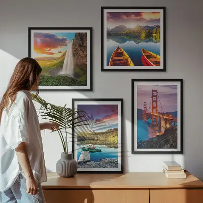 Set de 4 cuadros para salón con paisajes de lagos de montaña, barcos y puentes