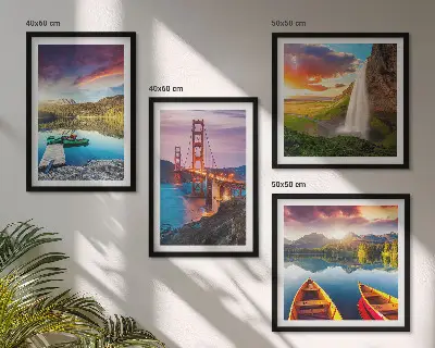 Set de 4 cuadros para salón con paisajes de lagos de montaña, barcos y puentes