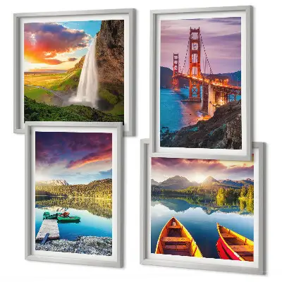 Set de 4 cuadros para salón con paisajes de lagos de montaña, barcos y puentes