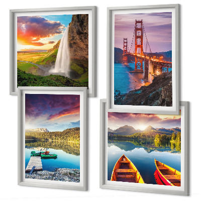 Set de 4 cuadros para salón lagos de montaña barcos puentes