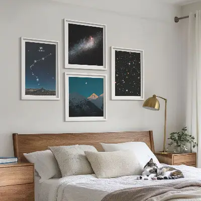 Set de cuadros modernos para salón diseño de montañas y espacio galáctico de Acuario