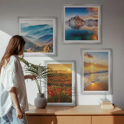 Set de cuadros modernos para salón con paisajes de montañas y mares del oeste