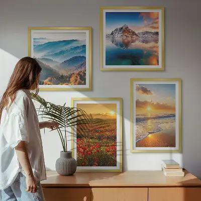 Set de cuadros modernos para salón con paisajes de montañas y mares del oeste