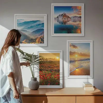 Set de cuadros modernos para salón con paisajes de montañas y mares del oeste