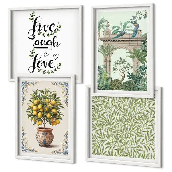 Set de 4 cuadros para salón con diseño de plantas exóticas de hojas verdes