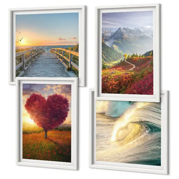 Galería de pared con paisajes de montañas, olas, árboles, corazones y muelles