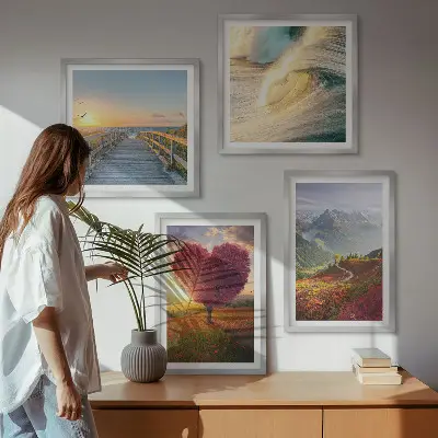Galería de pared con paisajes de montañas, olas, árboles, corazones y muelles