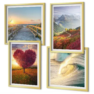 Galería de pared con paisajes de montañas, olas, árboles, corazones y muelles