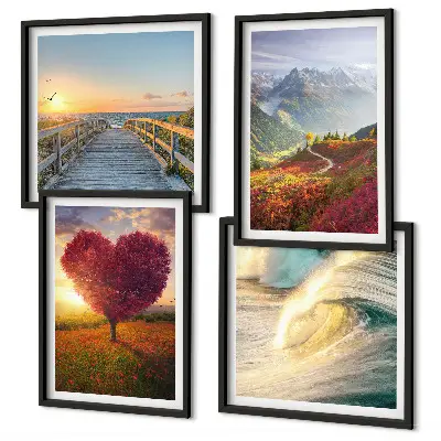 Galería de pared con paisajes de montañas, olas, árboles, corazones y muelles