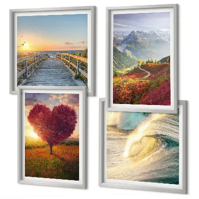 Galería de pared con paisajes de montañas, olas, árboles, corazones y muelles