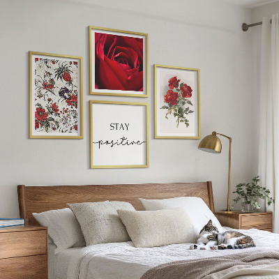 Set de 4 cuadros para salón Inscripción de flores de rosas rojas