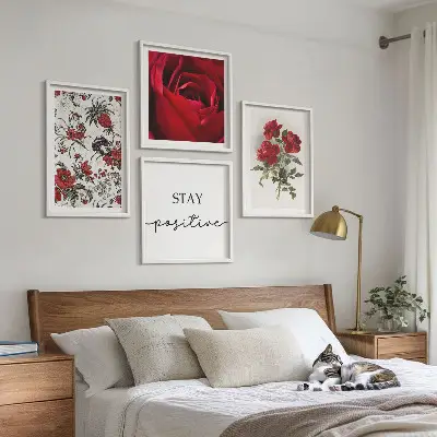 Set de 4 cuadros para salón con diseño de rosas rojas