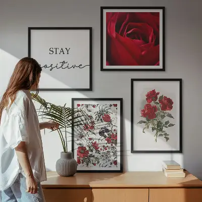 Set de 4 cuadros para salón con diseño de rosas rojas