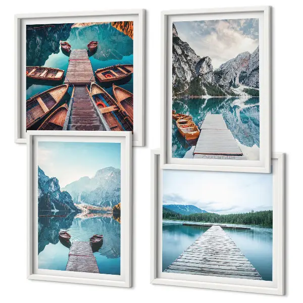 Galería de pared muelles de madera en el lago con barcos
