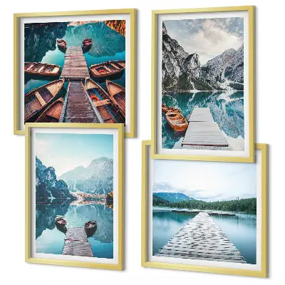 Galería de pared muelles de madera en el lago con barcos