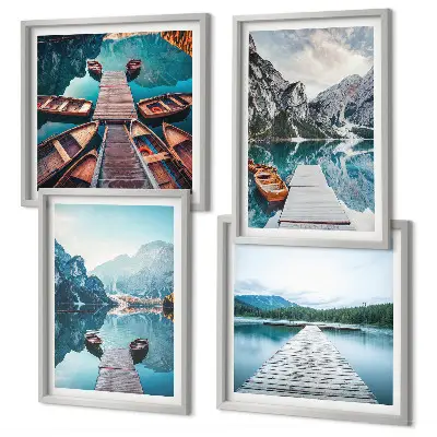 Galería de pared muelles de madera en el lago con barcos