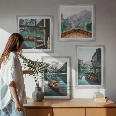 Set de cuadros modernos para salón diseño de casa en el lago de montaña en Łódź