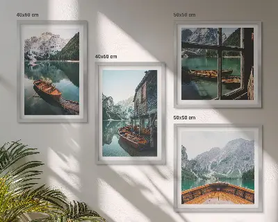 Set de cuadros modernos para salón diseño de casa en el lago de montaña en Łódź