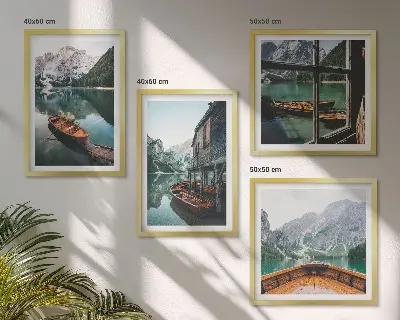 Set de cuadros modernos para salón diseño de casa en el lago de montaña en Łódź