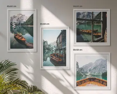 Set de cuadros modernos para salón diseño de casa en el lago de montaña en Łódź