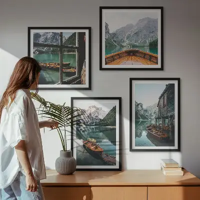 Set de cuadros modernos para salón diseño de casa en el lago de montaña en Łódź
