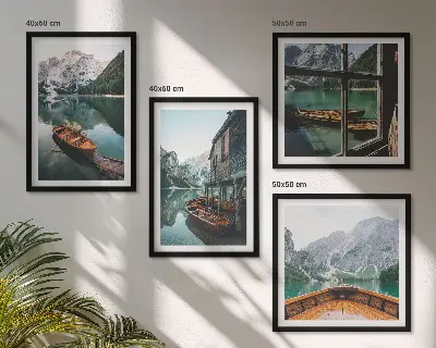 Set de cuadros modernos para salón diseño de casa en el lago de montaña en Łódź
