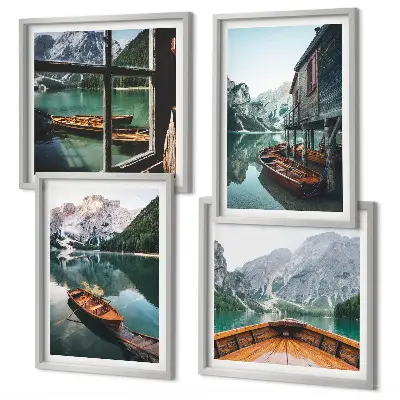 Set de cuadros modernos para salón diseño de casa en el lago de montaña en Łódź