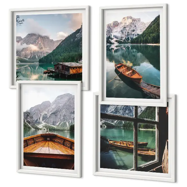 Set de 4 cuadros para salón con paisajes de lago montañas barcos y cabaña