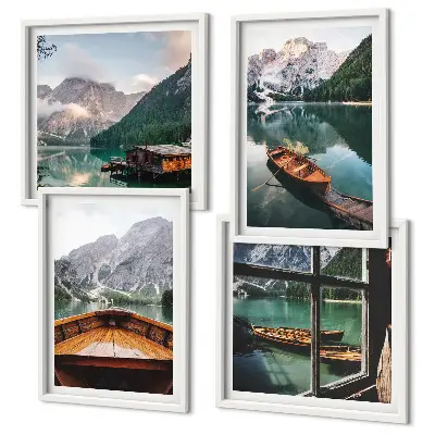 Set de 4 cuadros para salón con paisajes de lago montañas barcos y cabaña