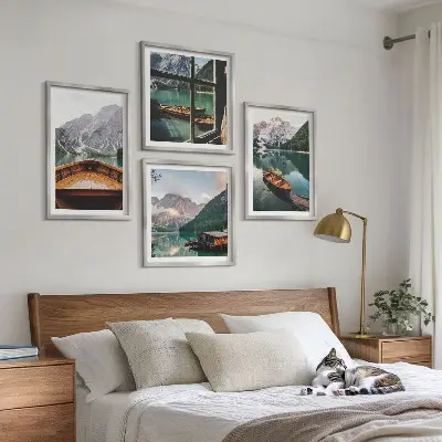 Set de 4 cuadros para salón con paisajes de lago montañas barcos y cabaña