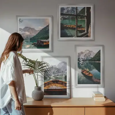Set de 4 cuadros para salón con paisajes de lago montañas barcos y cabaña